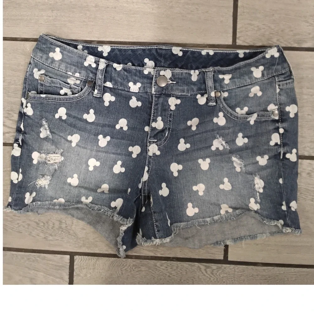 Disney Mickey Mouse All Over Print Distressed Denim Jean Shorts Blue Womens 10